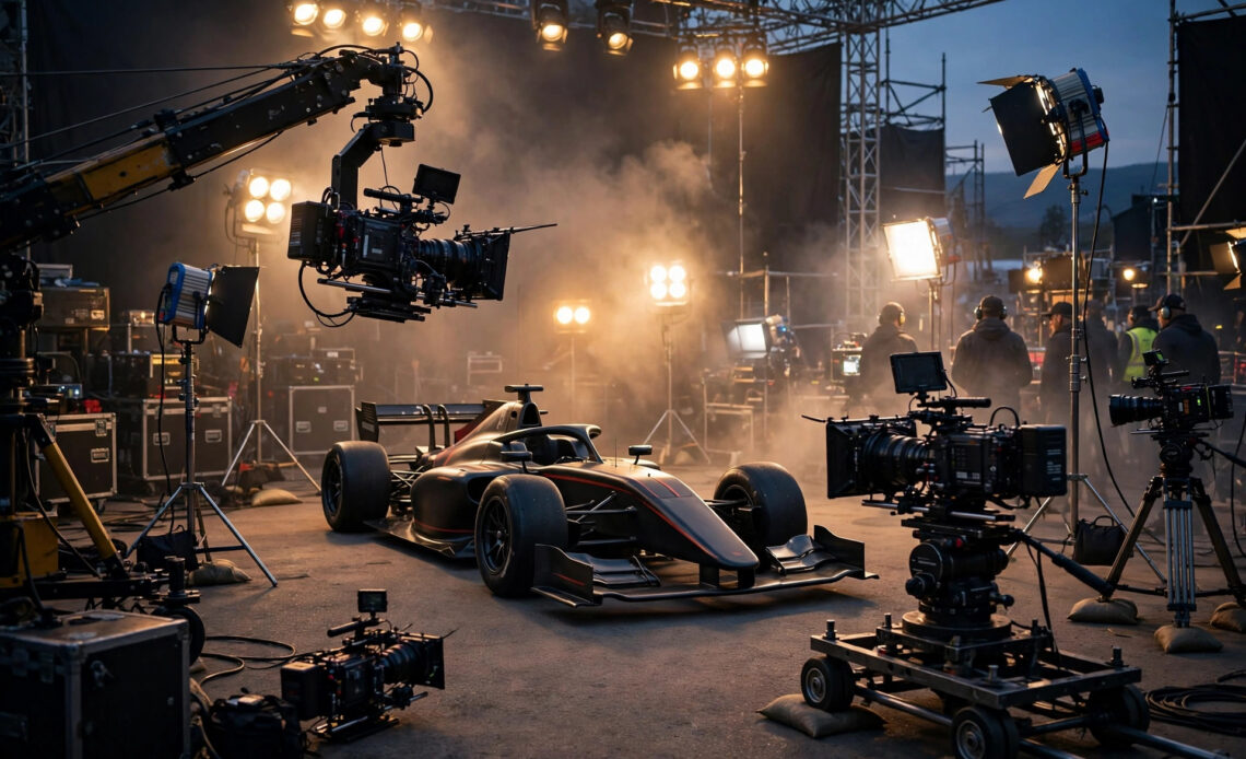 A film set with a race car surrounded by cameras, cranes and lighting equipment at dusk