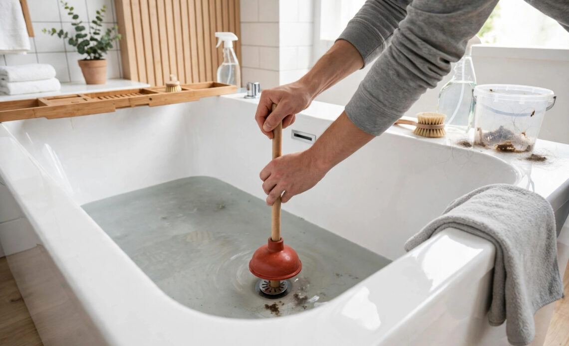 A person using a plunger to unclog a bathtub drain filled with standing water